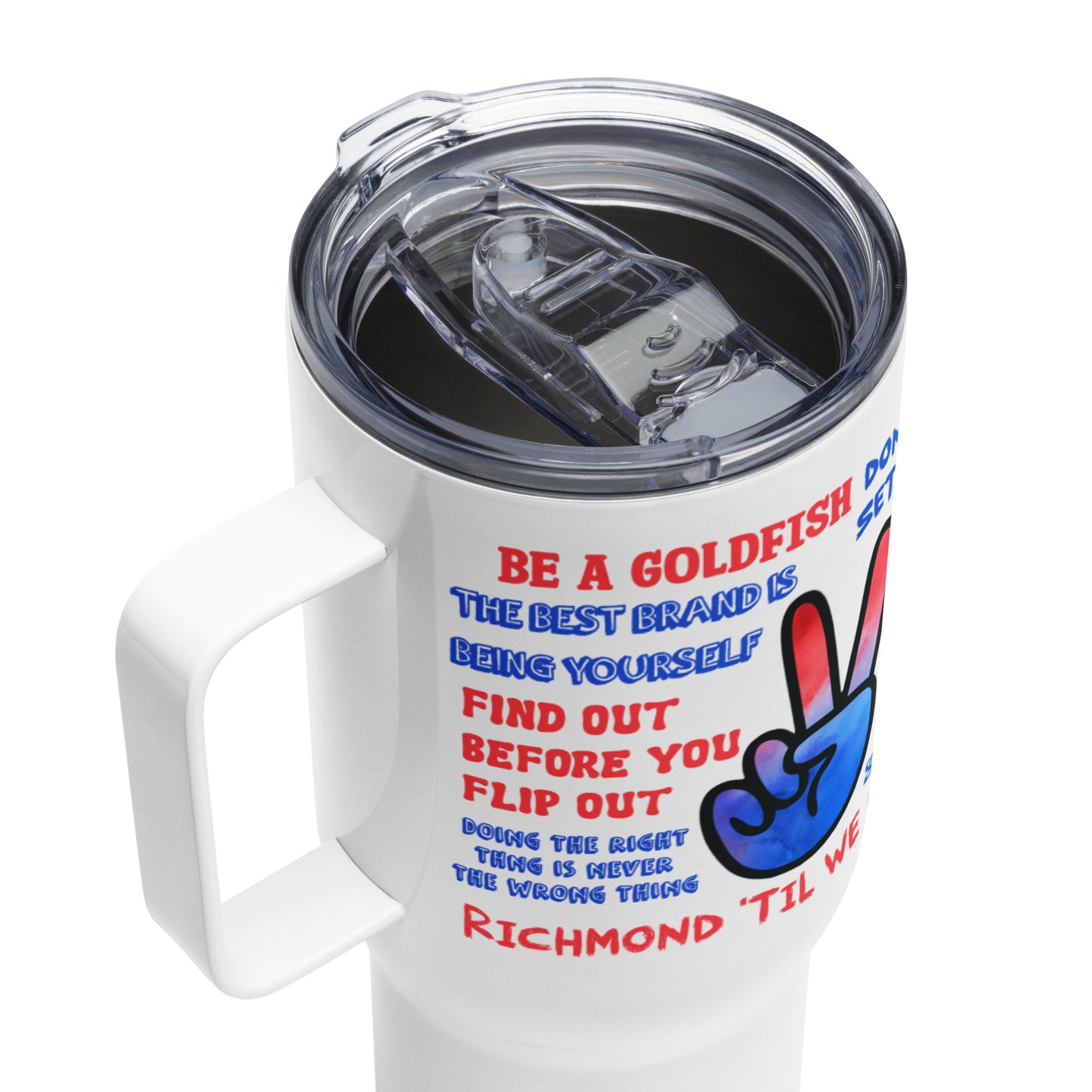 Peace Love Lasso Quotes Travel mug with a handle